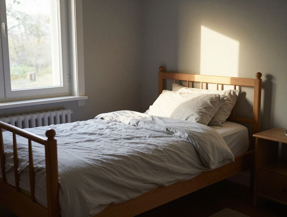 Chambre paisible au coucher du soleil avec une lumière ambrée tamisée filtrant à travers des rideaux légers, lit confortable avec des draps en lin naturel