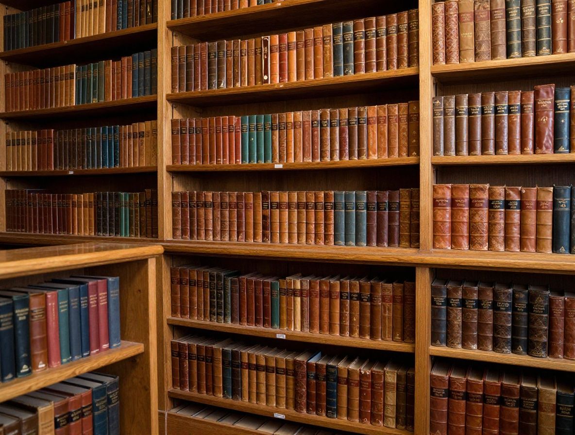Bibliothèque ancienne aux étagères remplies de livres reliés en cuir, baignée d'une lumière dorée et chaude provenant de hautes fenêtres, créant une atmosphère d'étude sereine et érudite
